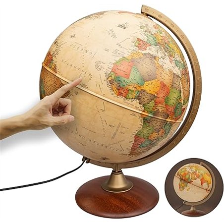 Interkart Globo terraqueo Iluminado 30cm, Pie de Madera, Cartografía en el Estilo Antiguo, Idioma español