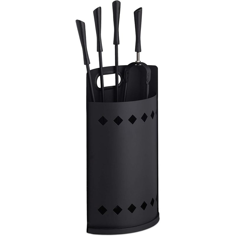 Relaxdays Accesorios Chimenea, Modernos, Juego de Estufa con Cubo, Atizador, Pinzas, Escoba y Pala, Negro, Acero, Set de 5 Pieza