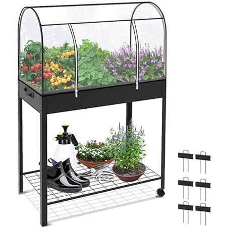 VOUNOT Huerto Urbano Terraza Mesa de Cultivo Cubierta de Protección, Jardinera Elevada con Ruedas Asa Lateral y Estante Inferior