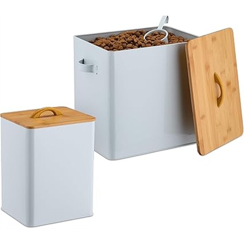 Relaxdays Juego de 2 Cajas Pack 2 Recipientes de Comida de Mascotas, con Tapa de Bambú y Cuchara, Contenedores Pienso, Blanco y 