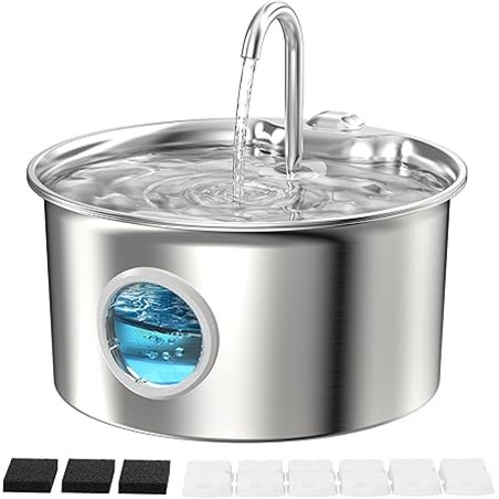 Fuente de Agua para Gatos Acero Inoxidable: Bebedero Gato Automatico Inox - 2.6L Fuente Gatos Agua Metalico con Ventana de Nivel