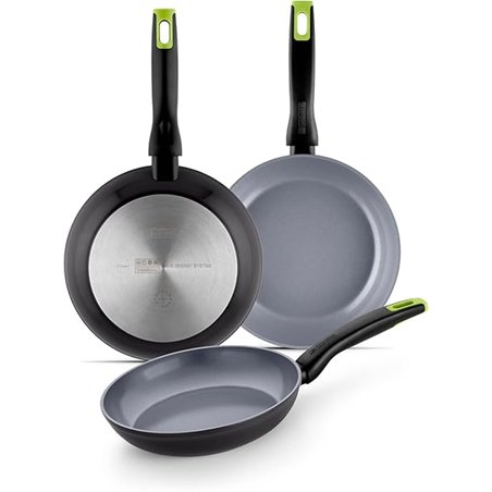 Monix Eco Nature Set de sartenes 18-22-26 cm, aluminio forjado reciclado, cerámica antiadherente reforzada, apta para todo tipo 