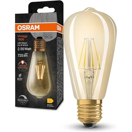 OSRAM VINTAGE 1906 Lámpara LED de filamento dorado hecha de vidrio en forma de Edison, enchufe E27, 725 lúmenes, reemplazo de 55