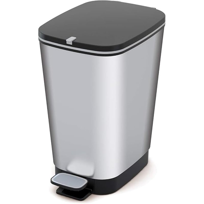Curver - Cubo de basura Chic Bin con pedal antideslizante 45L, 44,5x 29x 60,5cm, acabado color acero, tapa y aro para bolsa