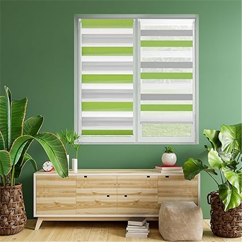 Blindecor Indus estor tricolor Sin Taladrar | Estor enrollable de doble capa | Estores tricolor Noche y Día, Gris, Pistacho | Es