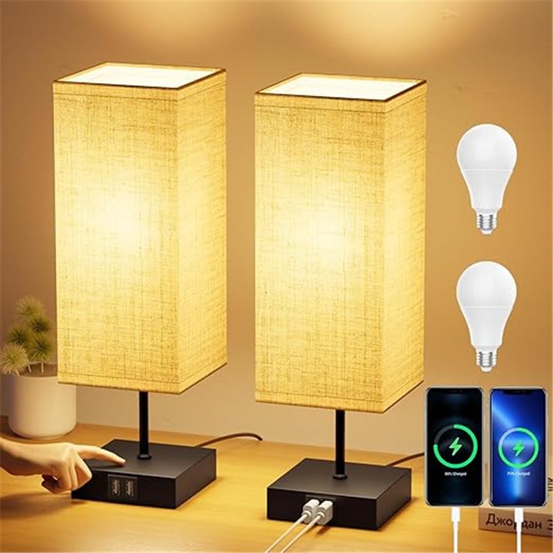 FANSANMY Lamparas de Mesita de Noche, Lámparas de Mesa con 2 Puertos USB de Carga Rrápida, 3 Temperaturas de Color y Regulación 