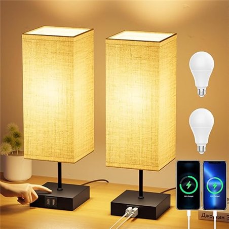 FANSANMY Lamparas de Mesita de Noche, Lámparas de Mesa con 2 Puertos USB de Carga Rrápida, 3 Temperaturas de Color y Regulación 
