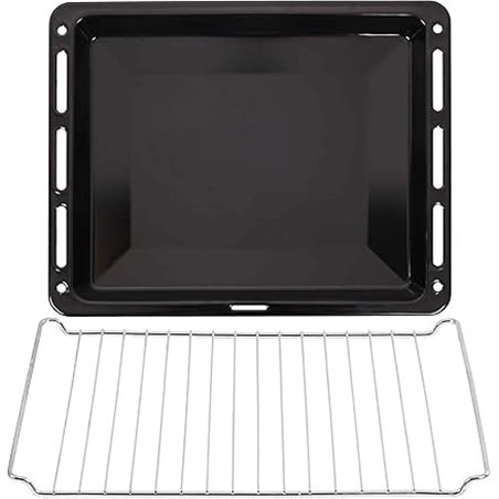 ICQN Juego de bandejas horno y rejillas horno 460 x 375 x 30 mm | Bandeja de goteo esmaltada | Parrilla de horno cromada y bande