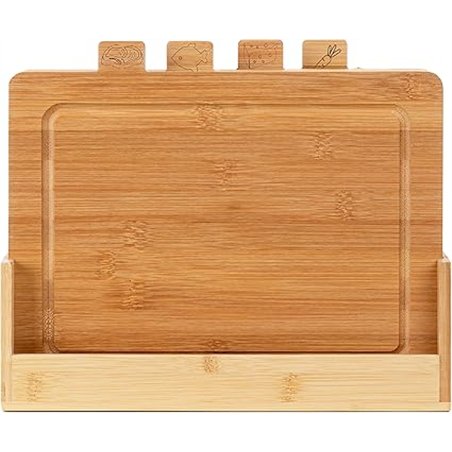 FLORINA Juego de 4 Tablas de Cortar de Bambú con Soporte CHEF I Bloques de Corte de Bambú Natural con Canaletas para Jugos I Ant