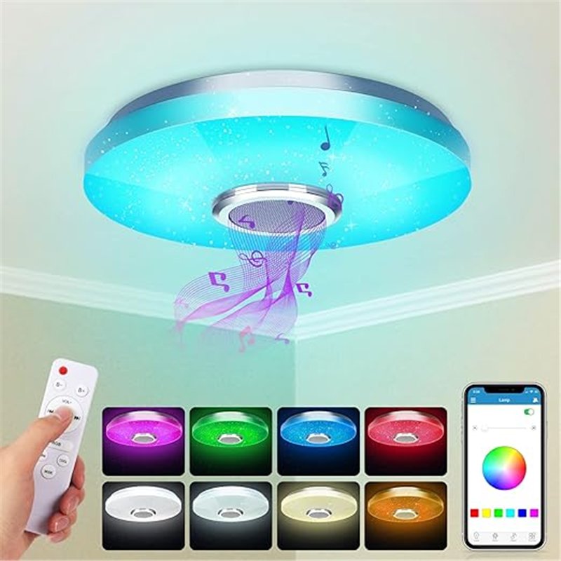 Plafón LED de 36W con altavoz Bluetooth, plafón inteligente con mando a distancia y control APP, cambio de color RGBW, orientabl