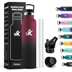 KollyKolla Botella Agua Acero Inoxidable 1L, Botella Termica con Pajita y Filtro, Reutilizable, Cantimplora sin BPA, Prueba de F