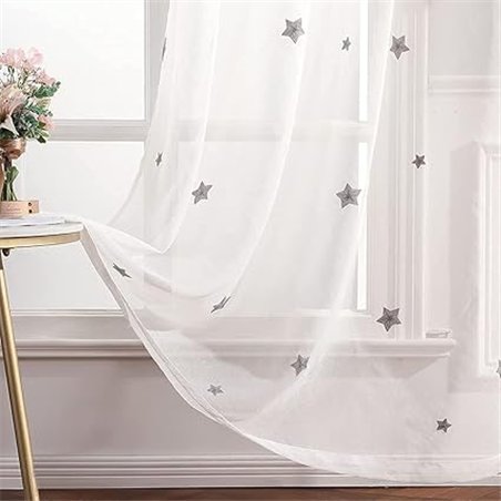 MIULEE Cortina Bordadas de Estrella Visillo Translucido de Dormitorio Infantil y Juvenil para Sala de Estar Cuarto de Niño Salon