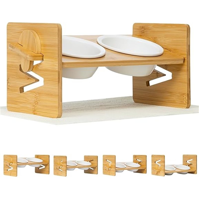 Comedero Gato - Comedero Elevado Perro - Cuencos con una inclinación de 15 º para Agua y Comida en Soporte de bambú, Juego para 