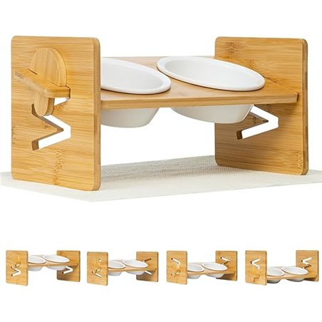 Comedero Gato - Comedero Elevado Perro - Cuencos con una inclinación de 15 º para Agua y Comida en Soporte de bambú, Juego para 