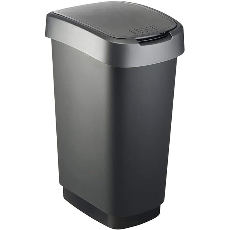 Rotho Twist Cubo de Basura de 50l, Puede ser Usado como Tapa abatible o con bisagras, Plástico (PP) sin BPA, Negro/Gris Plateado