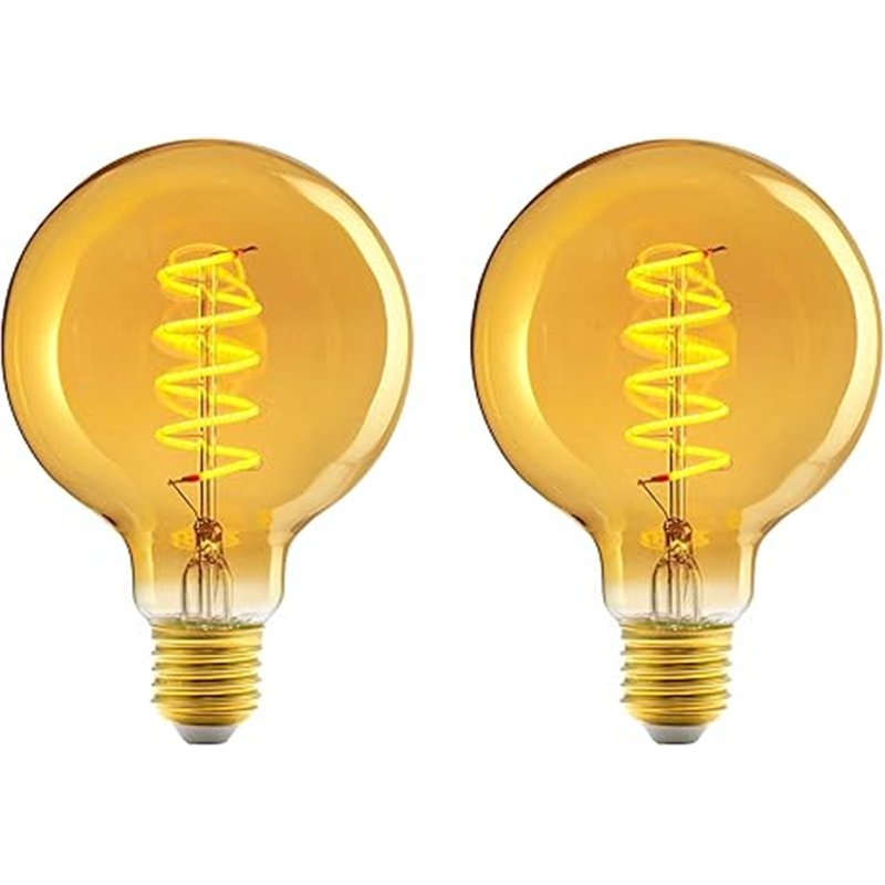 Amazon Basics Bombilla LED E27 vintage, cristal ámbar retro, G93, 4 W (equivalente a 25 W), paquete de 2, luz ultracálida de 180
