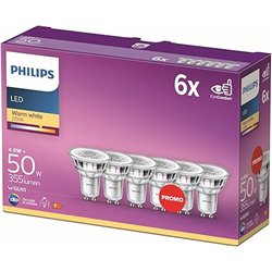 Philips - Bombilla LED cristal 50W, GU10, luz blanca cálida, transparente, no regulable, pack 6 [Clase de eficiencia energética 