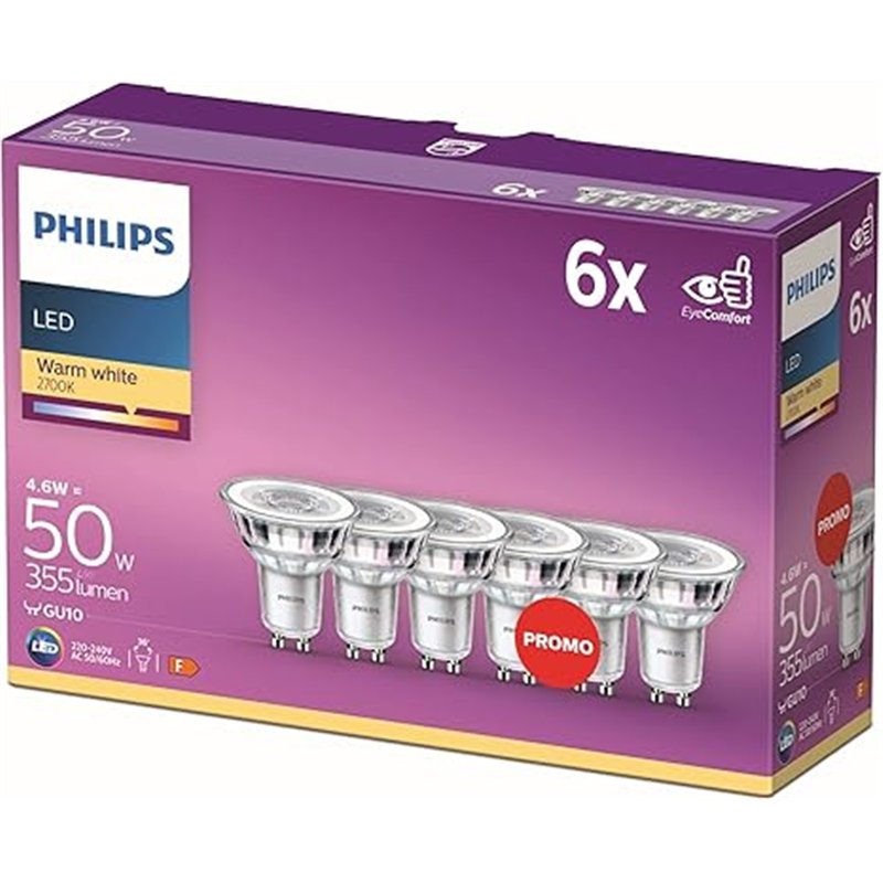 Philips - Bombilla LED cristal 50W, GU10, luz blanca cálida, transparente, no regulable, pack 6 [Clase de eficiencia energética 