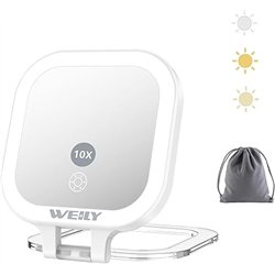 WEILY Espejo Maquillaje con Luz, 1X/10x Doble Cara Espejo Aumento, Espejo de Viaje con 3 Luces de Color y Control Táctil, Espejo