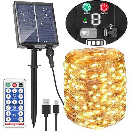 AUOPLUS Luces navidad exterior solares con puerto Type-C,30m 300pcs LED alambre de cobre guirnaldas luces exterior solar,8 modos