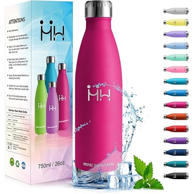 HoneyHolly Botella agua Acero Inoxidable, Botella Termica - 750ml sin BPA, Botella de Agua Deportiva, Doble Pared al Vacío a Pru
