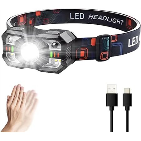 ILcDesign,Linterna Frontal LED Recargable, Luz Frontal Cabeza, Linterna de Cabeza LED Alta Potencia, 6 Modos de Luz, Sensor Movi