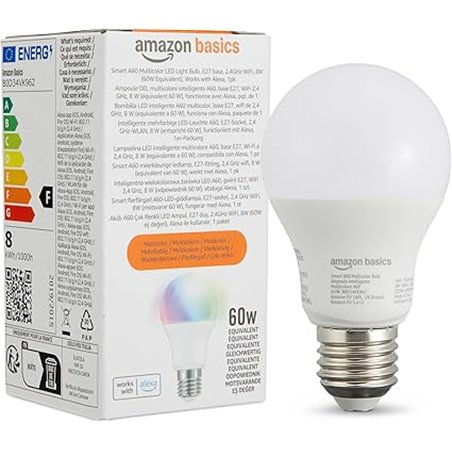 Amazon Basics Smart Bombilla led multicolor, casquillo E27, 8W (equivalente a 60W), funciona solo con Alexa, 1 paquete