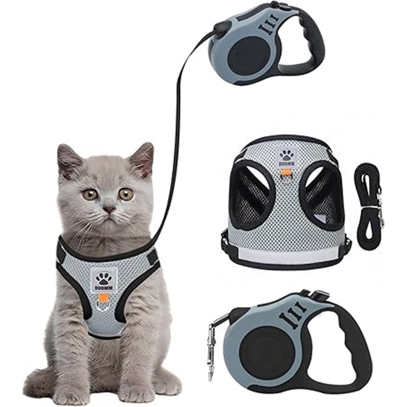 Bindokun Arnes para Gatos Antiescape con Correa 5M & 150CM, Arnés Gato Ajustable con Reflectantes de Tela de Malla Suave y Trans