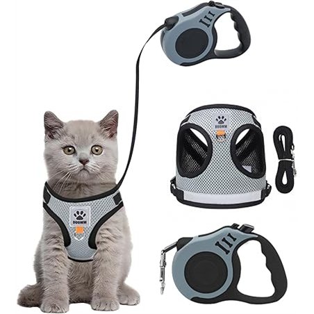 Bindokun Arnes para Gatos Antiescape con Correa 5M & 150CM, Arnés Gato Ajustable con Reflectantes de Tela de Malla Suave y Trans