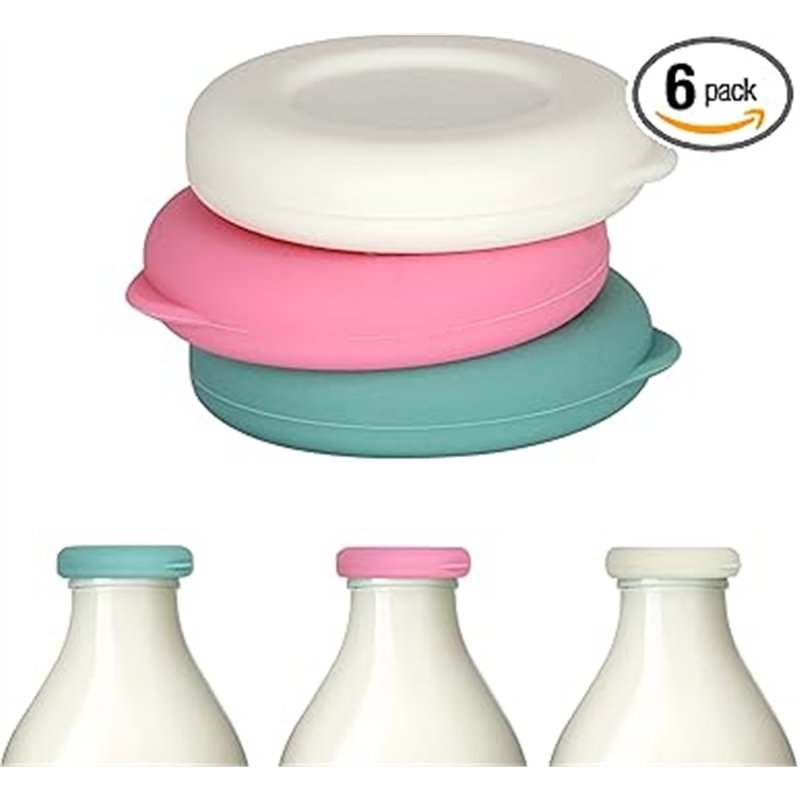 Paquete de 6 tapas para botellas de leche [una pinta, no 1 litro] de silicona reutilizable mezclada sin botella, ajuste perfecto