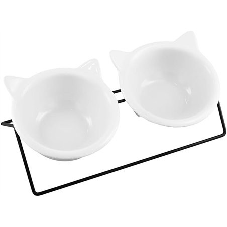 QWORK® Cuencos elevados para Gatos con Soporte Inclinado de 15°, Cuencos de cerámica para Gatos de 300 ml, protección para el Cu
