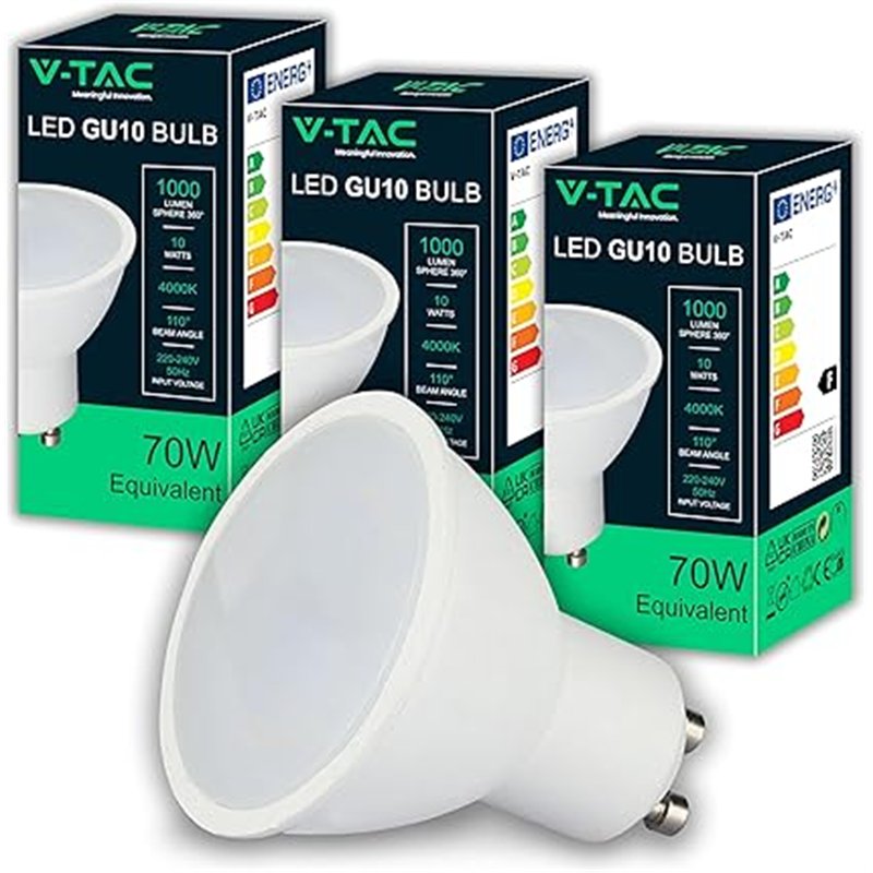 V-TAC 3x Bombillas LED GU10 - Alta Luminosidad 10W (Equivalente a 70W) - 1000 Lumen - Cubierta Satinada - Bombilla Máxima Eficie