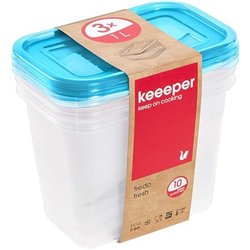 keeeper Set de 3 Fiambreras, 3 x 1 l, 15,5 x 10,5 x 11,5 cm, Fredo Fresh, Azul transparente