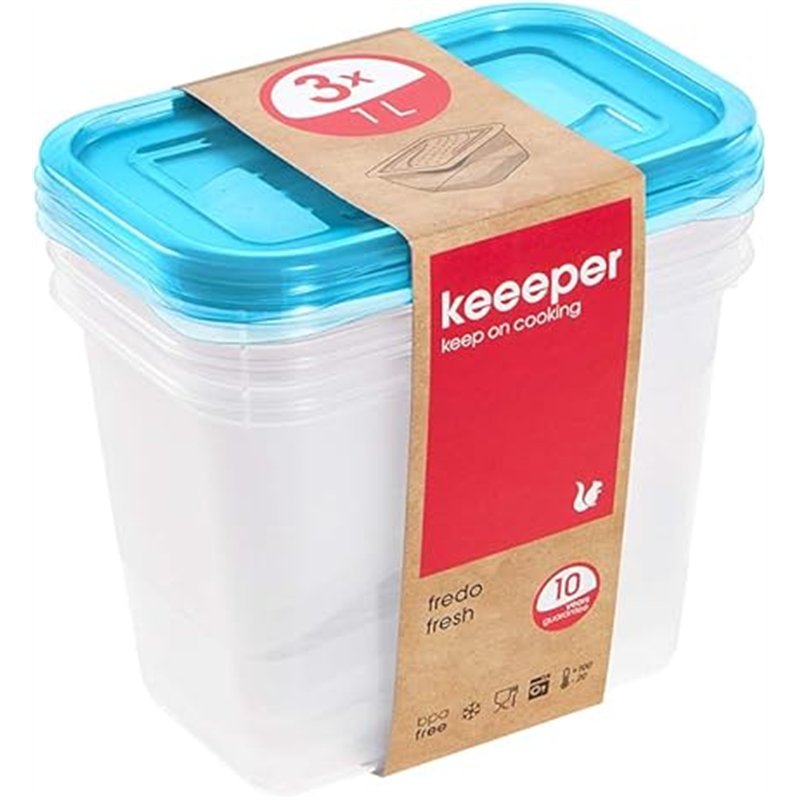 keeeper Set de 3 Fiambreras, 3 x 1 l, 15,5 x 10,5 x 11,5 cm, Fredo Fresh, Azul transparente
