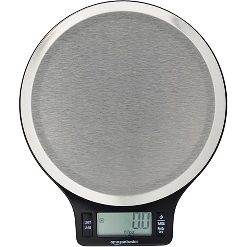 Amazon Basics Báscula de Cocina Digital con Pantalla LCD, sin bisfenol A (BPA), de Acero Inoxidable (Pilas Incluidas), Pesa hast