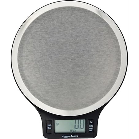 Amazon Basics Báscula de Cocina Digital con Pantalla LCD, sin bisfenol A (BPA), de Acero Inoxidable (Pilas Incluidas), Pesa hast