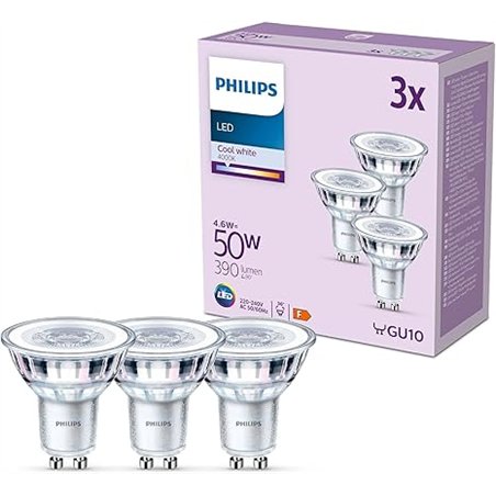 Philips - Bombilla tipo foco 4.6W (Eq. 50W) 390 lúmenes, casquillo GU10, Luz Blanca Fría (4000k) - Pack 3 Bombillas