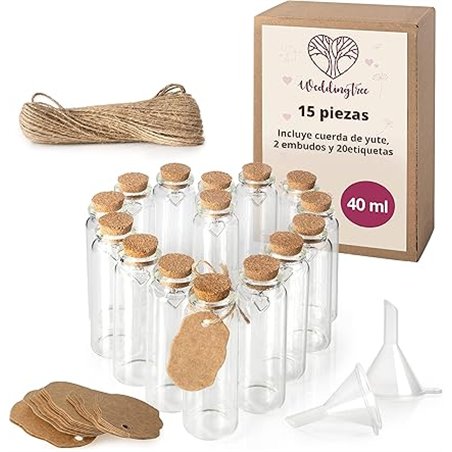 WeddingTree 15 x 40ml Tubos de Ensayo con Tapón de Corcho para Bodas - Set de Frascos con Corcho y Llavero de Corazón – Ideal co