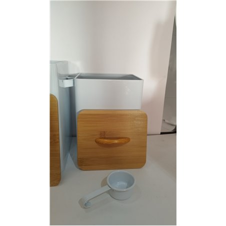 Relaxdays Juego de 2 Cajas Pack 2 Recipientes de Comida de Mascotas, con Tapa de Bambú y Cuchara, Contenedores Pienso, Blanco y 