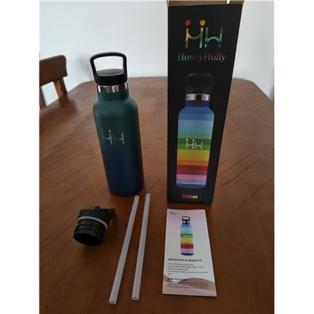 Botella Agua Acero Inoxidable, 500ml Botella Agua Niños, sin BPA, Botella Termica, A Prueba de Fugas, Botella con Pajita, Mantie