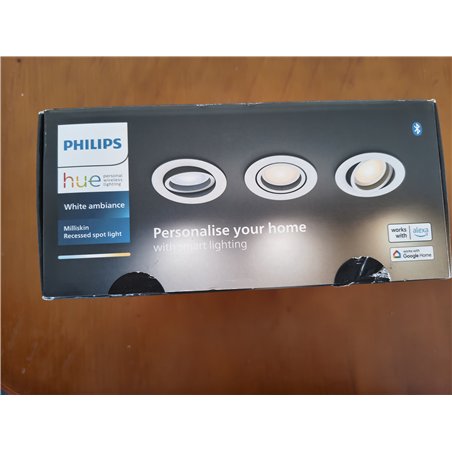 Philips Hue- Foco Empotrable LED Milliskin, Pack de 3, Color Blanco, Luz Blanca de Cálida a Fría, Compatible con Alexa y Google 