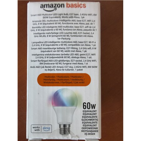 Amazon Basics Smart Bombilla led multicolor, casquillo E27, 8W (equivalente a 60W), funciona solo con Alexa, 1 paquete