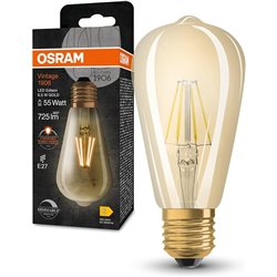 OSRAM VINTAGE 1906 Lámpara LED de filamento dorado hecha de vidrio en forma de Edison, enchufe E27, 725 lúmenes, reemplazo de 55