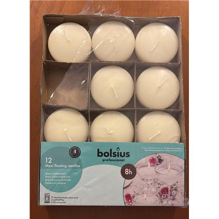 Bolsius - Velas flotantes Maxi - Marfil - 12 piezas en una caja - Ø 7,6 cm - Tiempo de combustión 8 horas - Sin fragancia - Cera