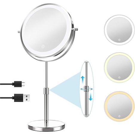 TopDirect Espejo Maquillaje con Luz de 8 Pulgadas, Espejo de Cosmético de 35 a 45 cm Altura Ajustable, Aumento 1X/10X, 3 Modos d