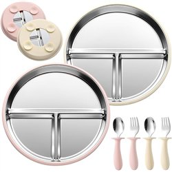Set de 2 Platos de Acero Inoxidable 304 con Ventosa para Bebé, Platos Divididos Antideslizantes Sin BPA, con 2 Cucharas, 2 Tened
