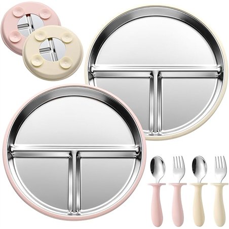 Set de 2 Platos de Acero Inoxidable 304 con Ventosa para Bebé, Platos Divididos Antideslizantes Sin BPA, con 2 Cucharas, 2 Tened