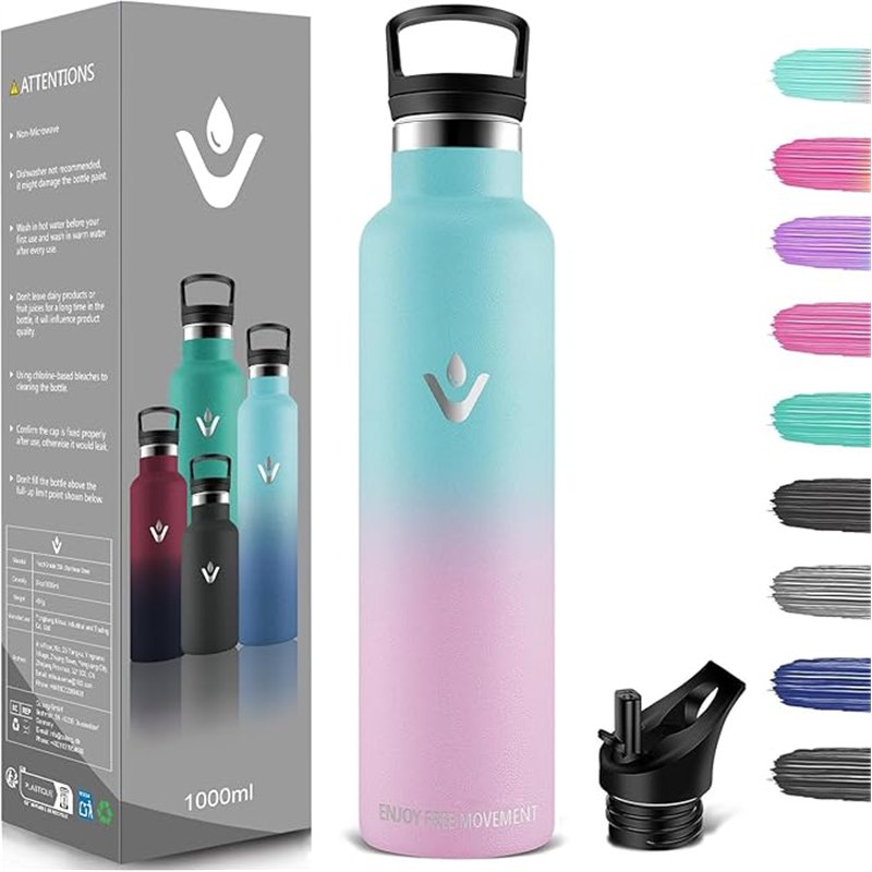 Botella Agua Acero Inoxidable, 1000ML Reutilizable sin BPA, Botella Termica, Botella Agua, Aislamiento Al Vacío de Doble Pared, 