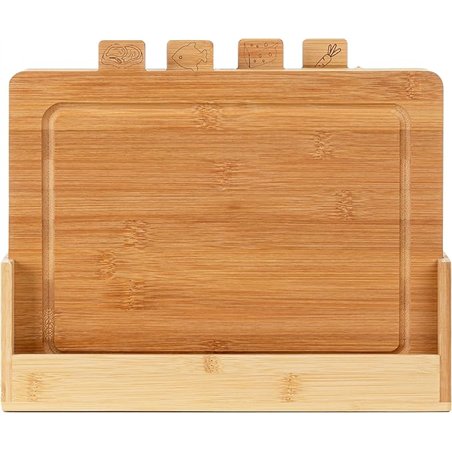 FLORINA Juego de 4 Tablas de Cortar de Bambú con Soporte CHEF I Bloques de Corte de Bambú Natural con Canaletas para Jugos I Ant